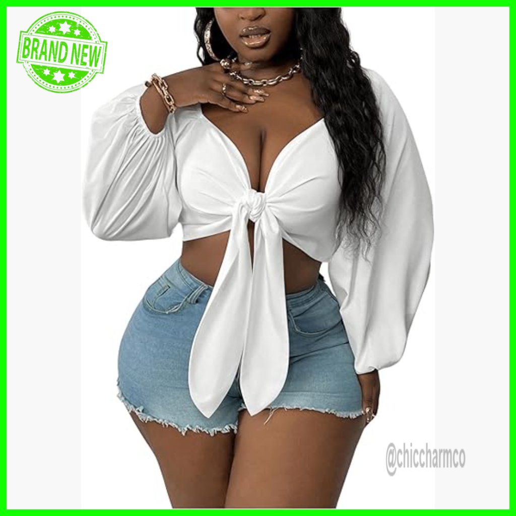 Plus Size Long Sleeve Crop Top With Tie Front And V Neck